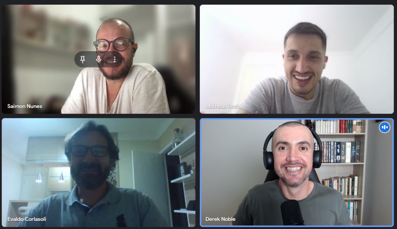 Derek Noble e alunos em sessão de conversação online